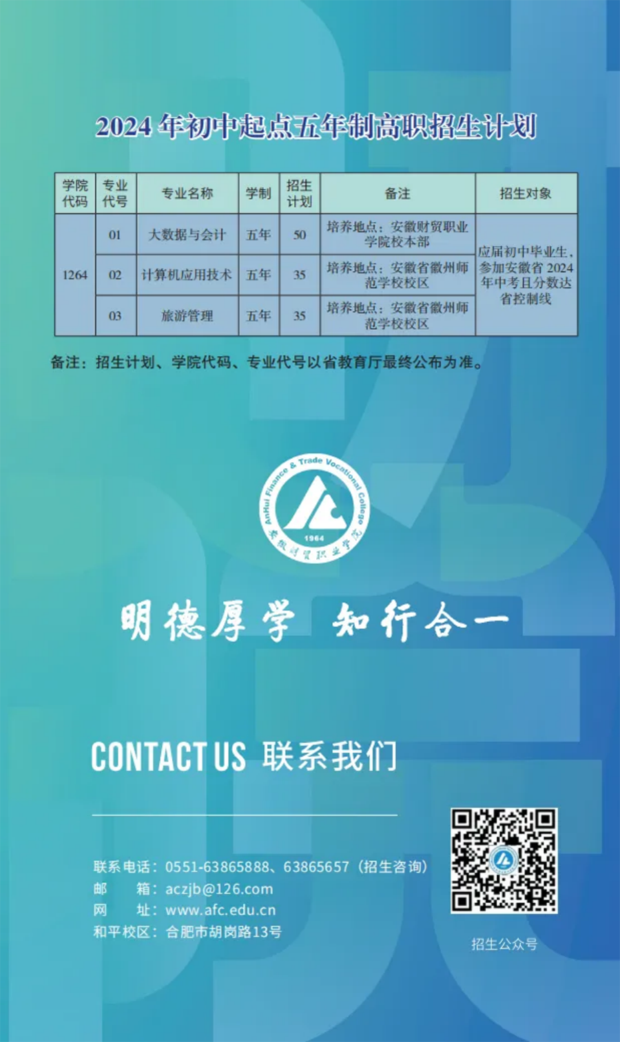 安徽財(cái)貿(mào)職業(yè)學(xué)院－2024年初中起點(diǎn)五年一貫制招生