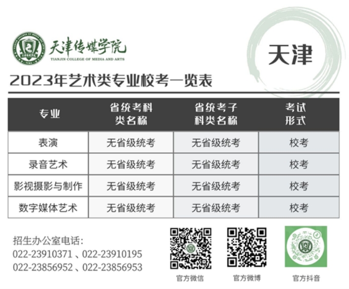 天津傳媒學院－2023年藝術類專業(yè)校考一覽表